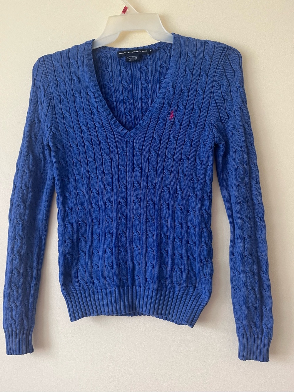 Ralph Lauren Sport V Neck Cable Knit Sweater Sz M Cotton in Blue